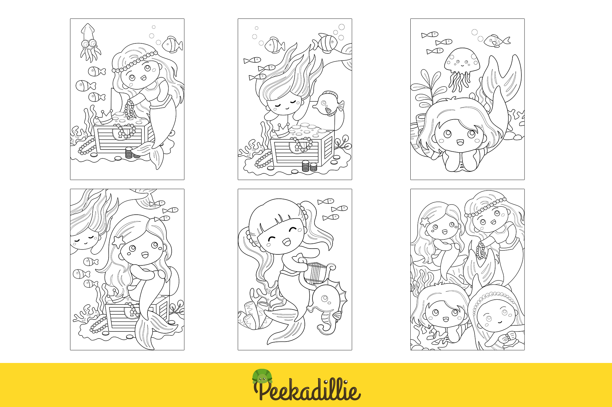 Cute swimming little mermaid cartoon coloring pages for kids and adult