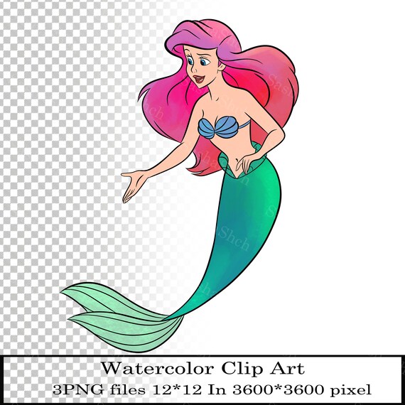 Ariel the little mermaid png color illustrations clipart watercolor picture for print cartoon character watercolor mermaid
