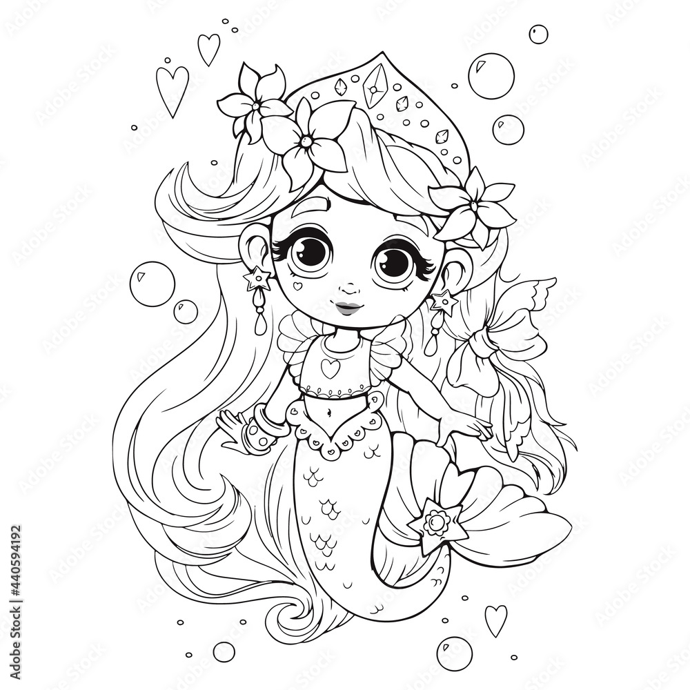 Cute little mermaid with crown coloring book coloring book for girls with a beautiful anime style mermaid vector illustration of black lines in cartoon childish style isolated clipart on white vector