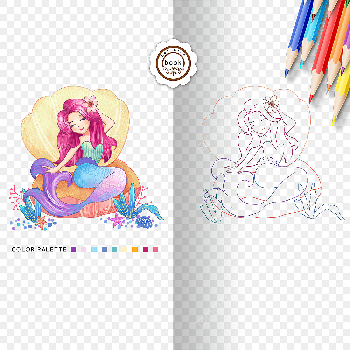Colorful book png picture coloring book mermaid coloring book clipart black and white coloring card pencil png image for free download