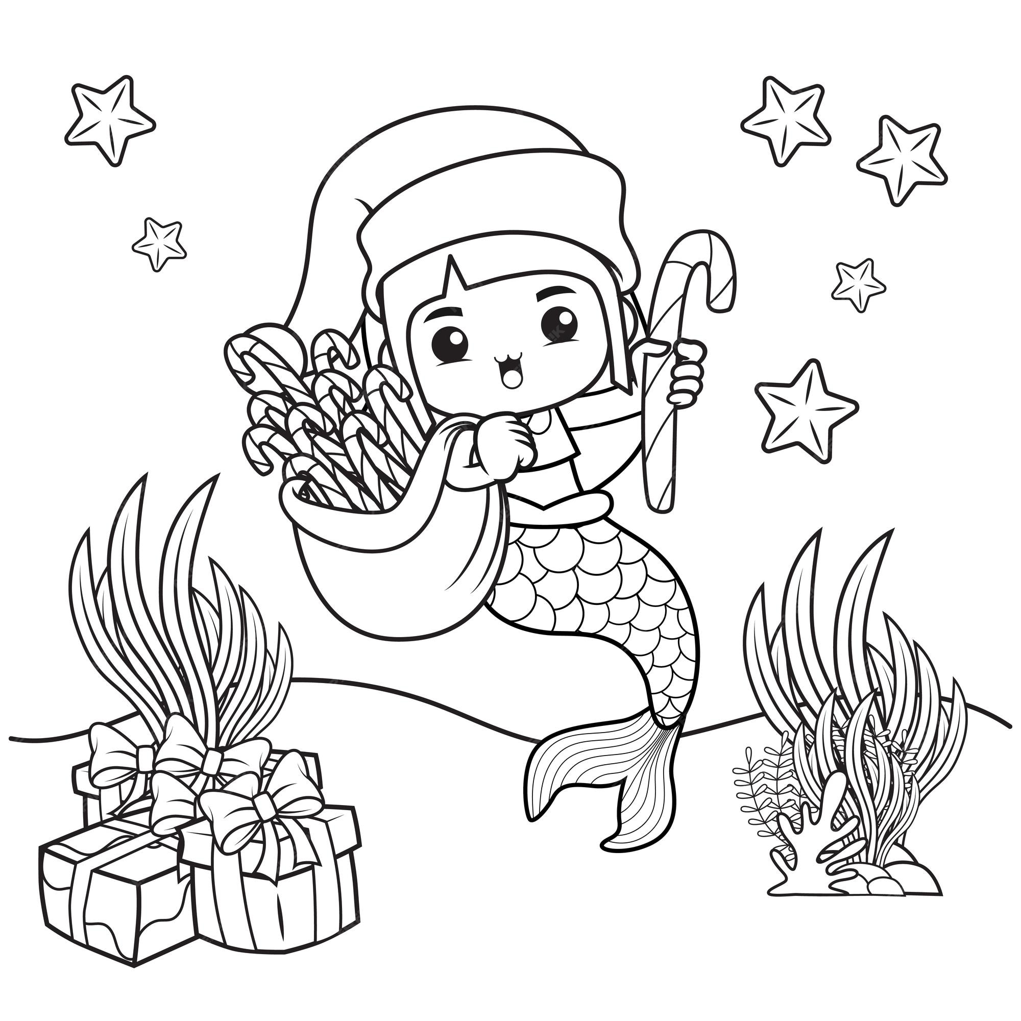 Premium vector christmas coloring book with cute mermaid girl