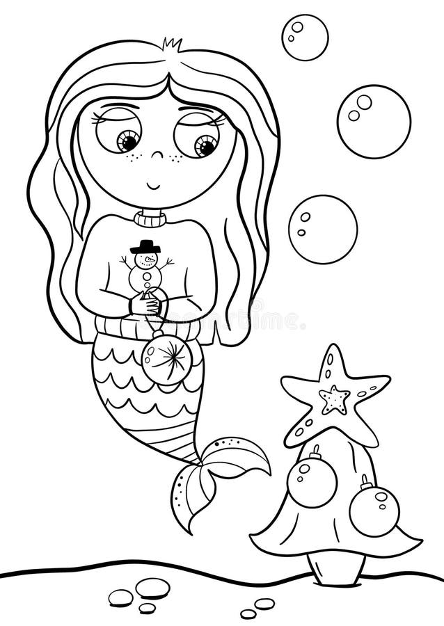 Cute little mermaid celebrate christmas coloring book page for kids collection of design element outline kawaii anime chibi st stock illustration