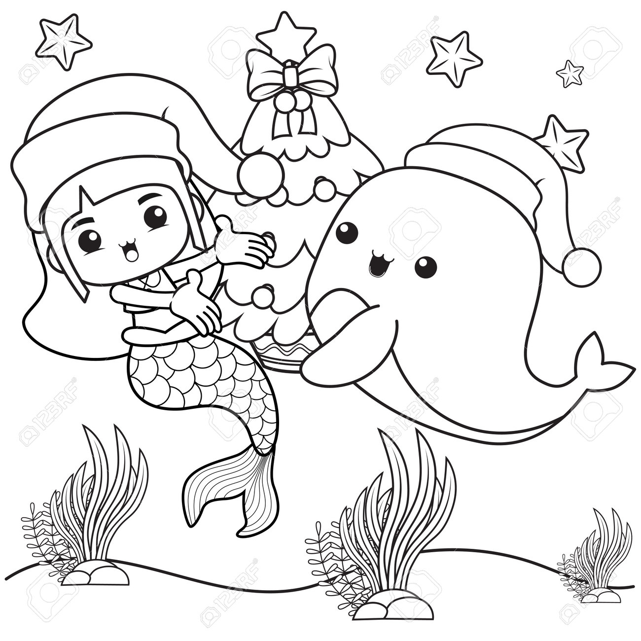 Christmas coloring book with cute mermaid girl royalty free svg cliparts vectors and stock illustration image