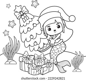 Christmas coloring book cute mermaid girl stock vector royalty free