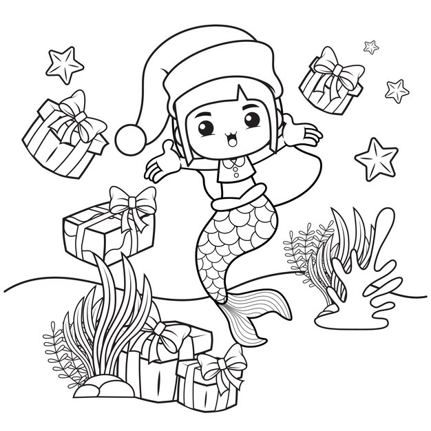 Premium vector christmas coloring book with cute mermaid girl