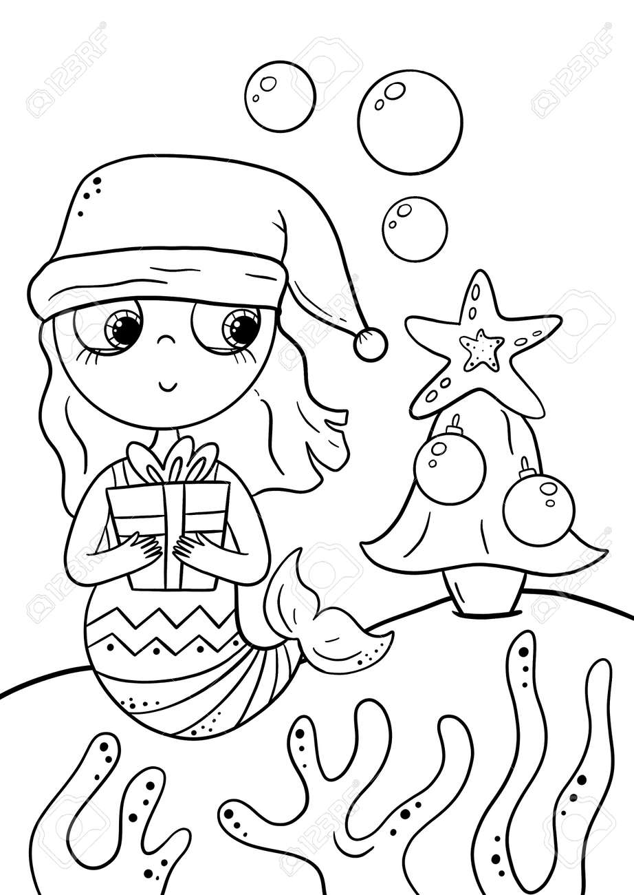 Christmas coloring book page with mermaid cute little mermaid underwater world coloring book page for kids collection of design element outline kawaii anime chibi style a beautiful young mermaid ððñððñðñðñ ðºðññðððºð ðð