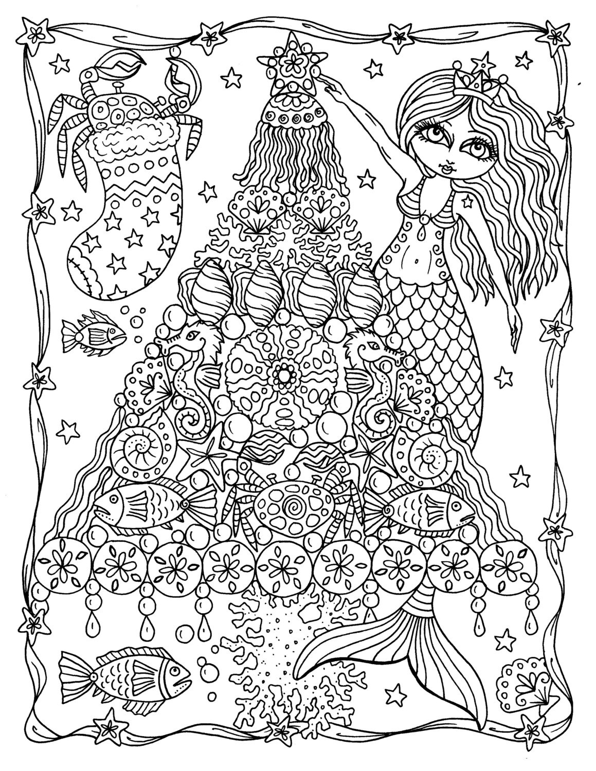 Mermaid tree christmas coloring page instant downloads coloring page adult instant download