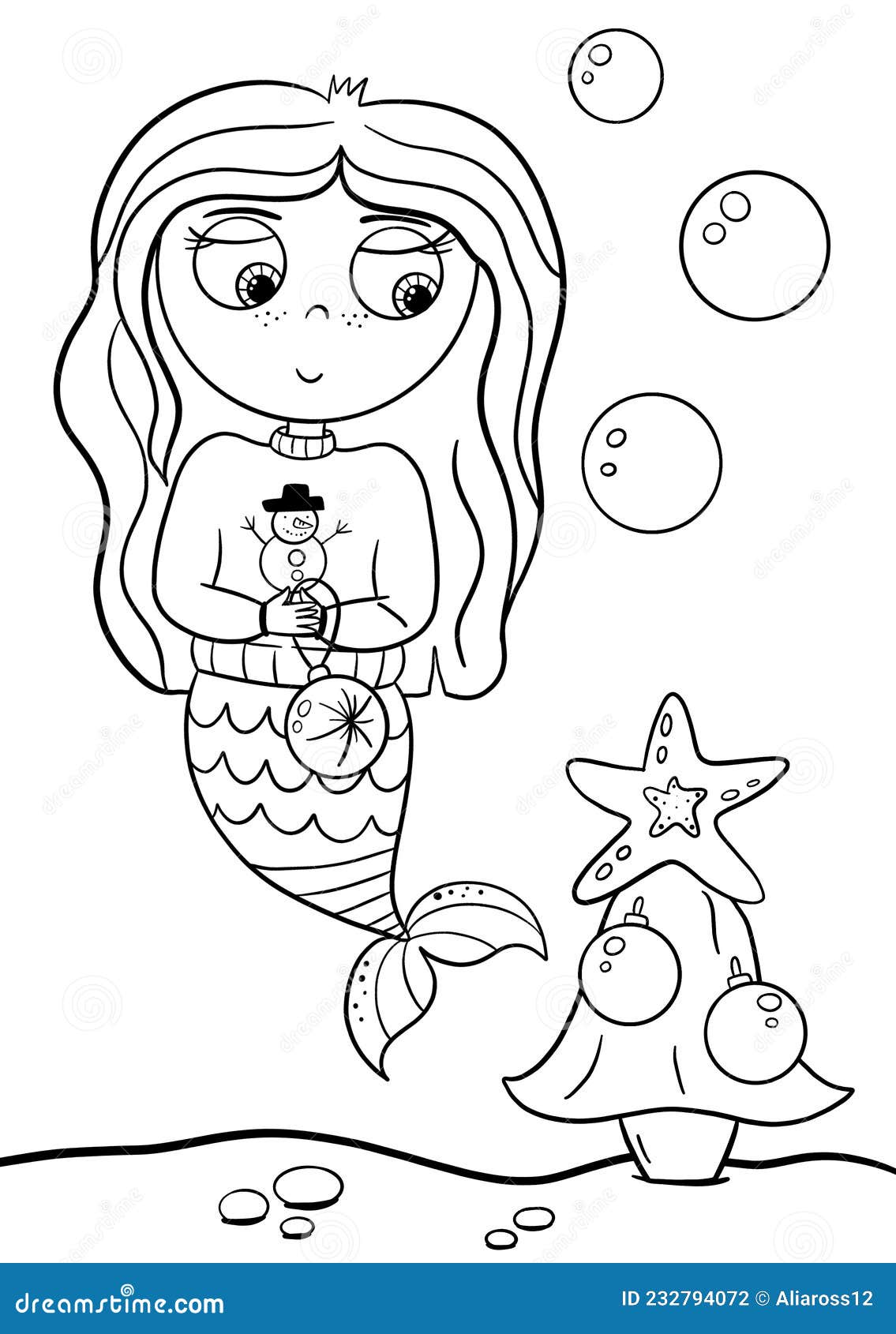 Cute little mermaid celebrate christmas coloring book page for kids collection of design element outline kawaii anime chibi st stock illustration