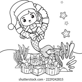 Christmas coloring book cute mermaid girl stock vector royalty free