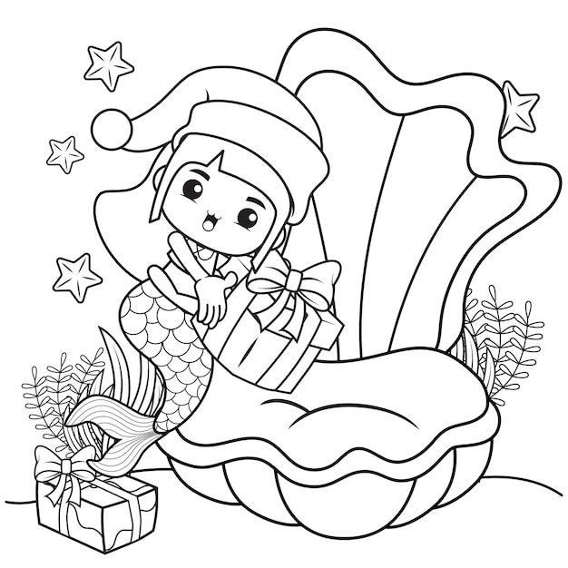 Premium vector christmas coloring book with cute mermaid girl