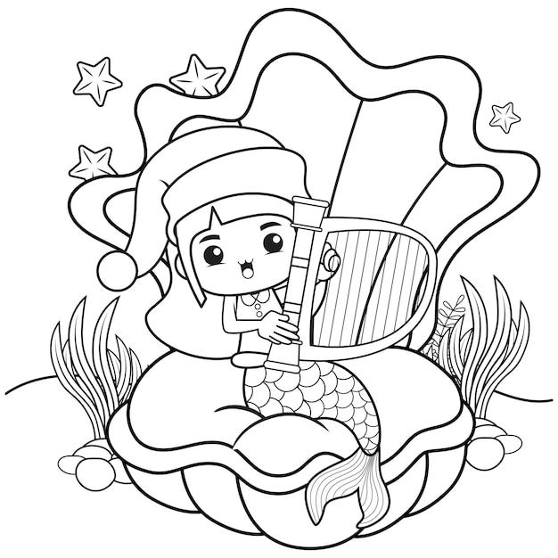 Premium vector christmas coloring book with cute mermaid girl