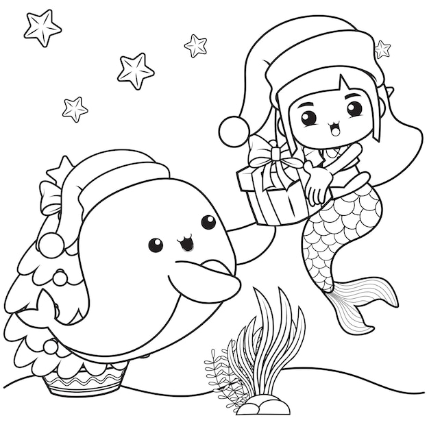 Premium vector christmas coloring book with cute mermaid girl
