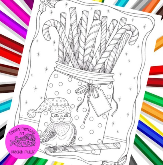 Candy canes and little bird printable coloring page christmas coloring pdf download now