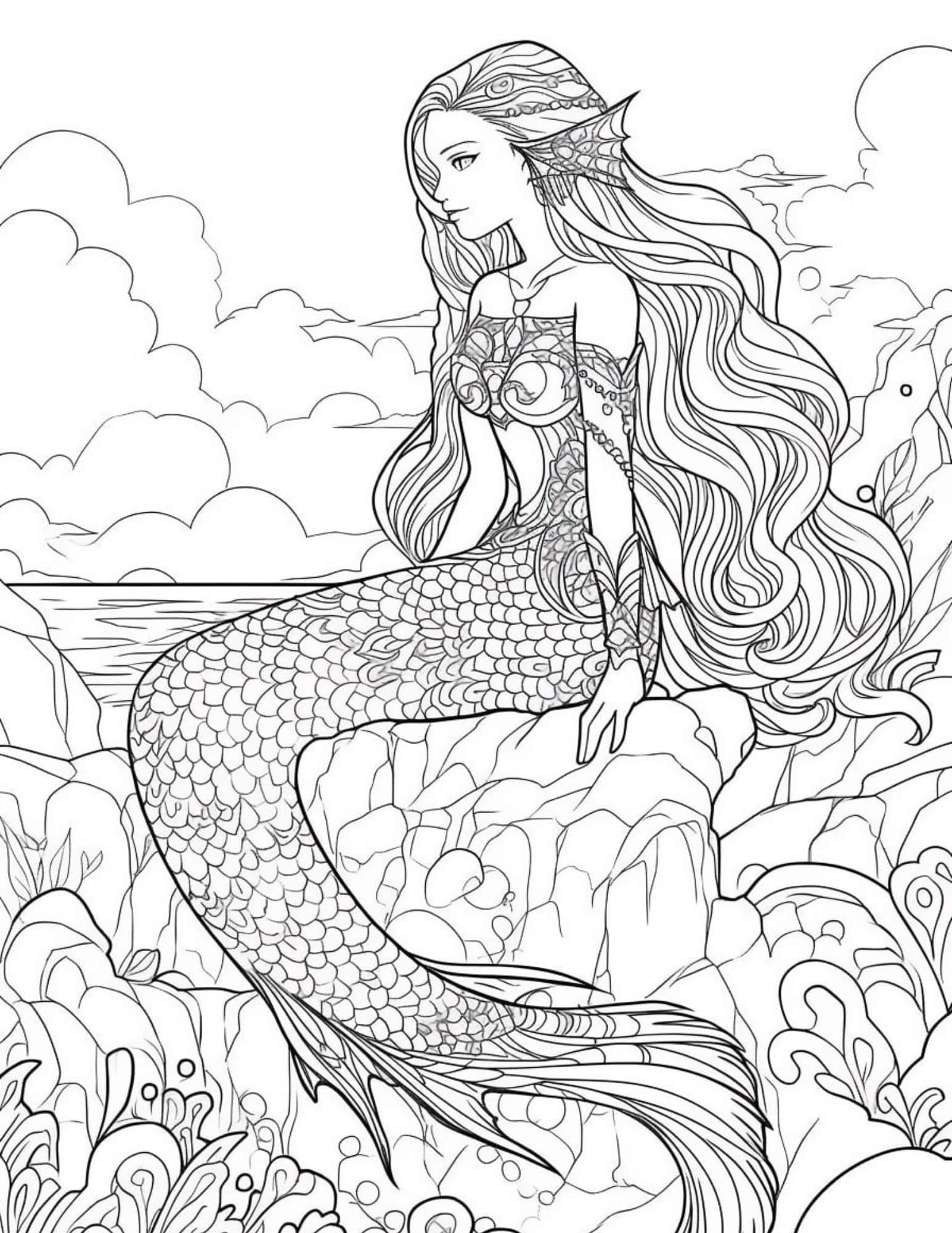 Mermaid coloring pages for kids and adults