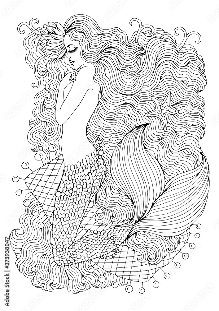 Vector drawing fantastic sea mermaid with water lily in long wavy hair on the web ornamental decorated graphic illustration mermaid tattoo coloring page sea nymph fairy tale characters print t
