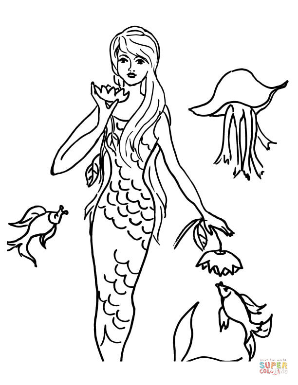Mermaid and sea creatures coloring page free printable coloring pages