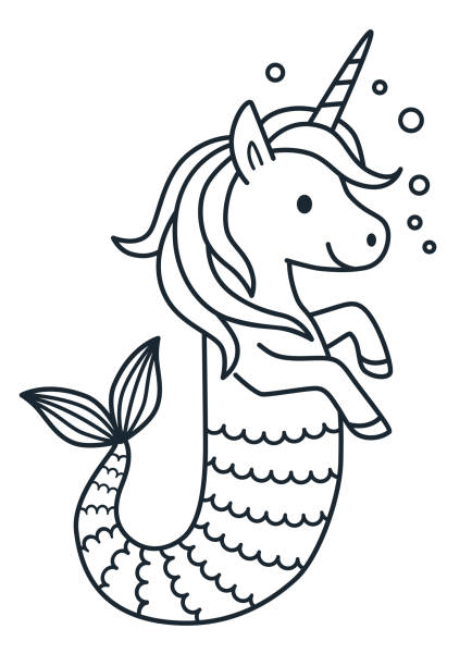 Cute unicorn mermaid vector coloring page cartoon illustration magical creature with unicorn head and body and fish tail dreaming magic believe in yourself fairy tale mythical theme element stock illustration