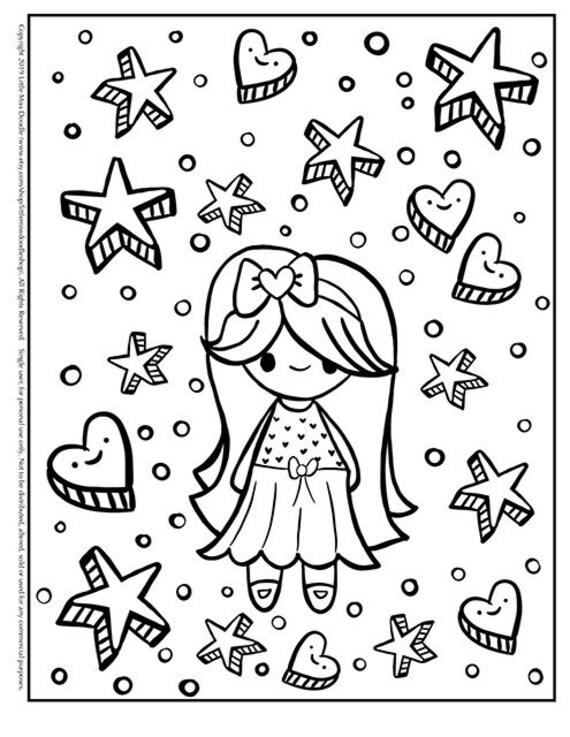 Little miss doodle stars and hearts doodle printable cute kawaii coloring page for kids and adults