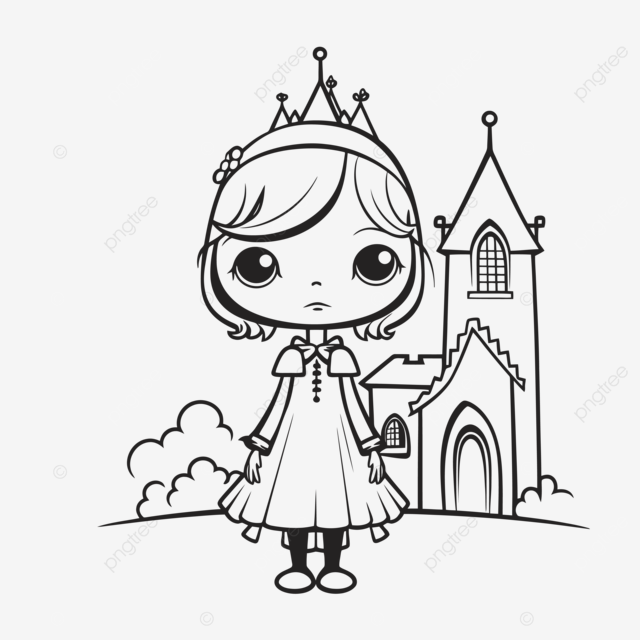 Picture of little little miss cute princess in a crown and castle coloring page outline sketch drawing vector crown drawing wing drawing castle drawing png and vector with transparent background for free