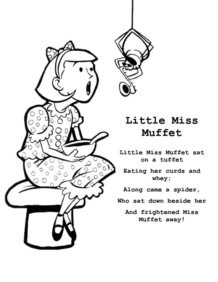 Little miss muffet sat on a tuffet eating her curds and whey along came a spider and sat down beside her and she â little miss coloring pages free printables
