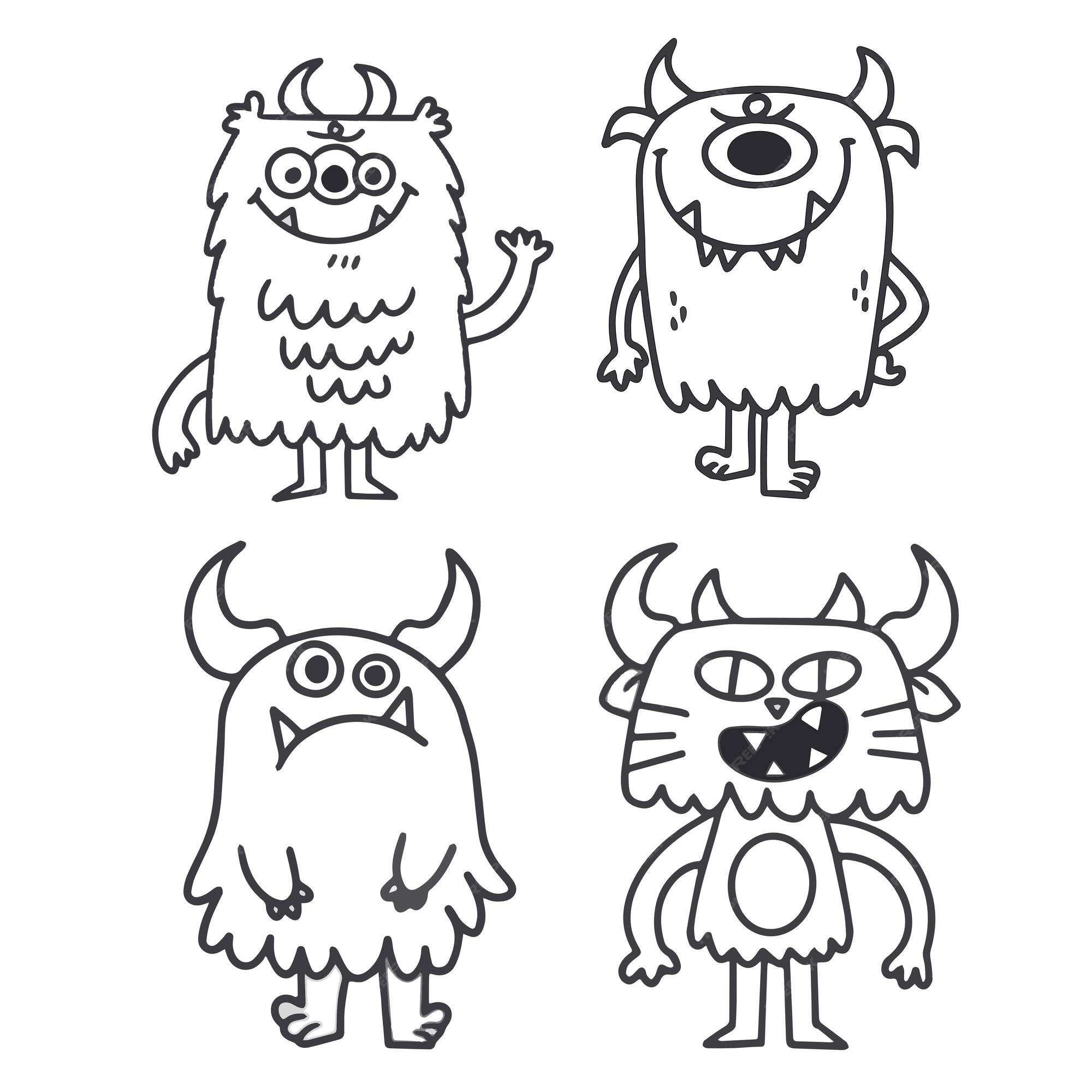 Premium vector adorable little monsters coloring page doodle illustration