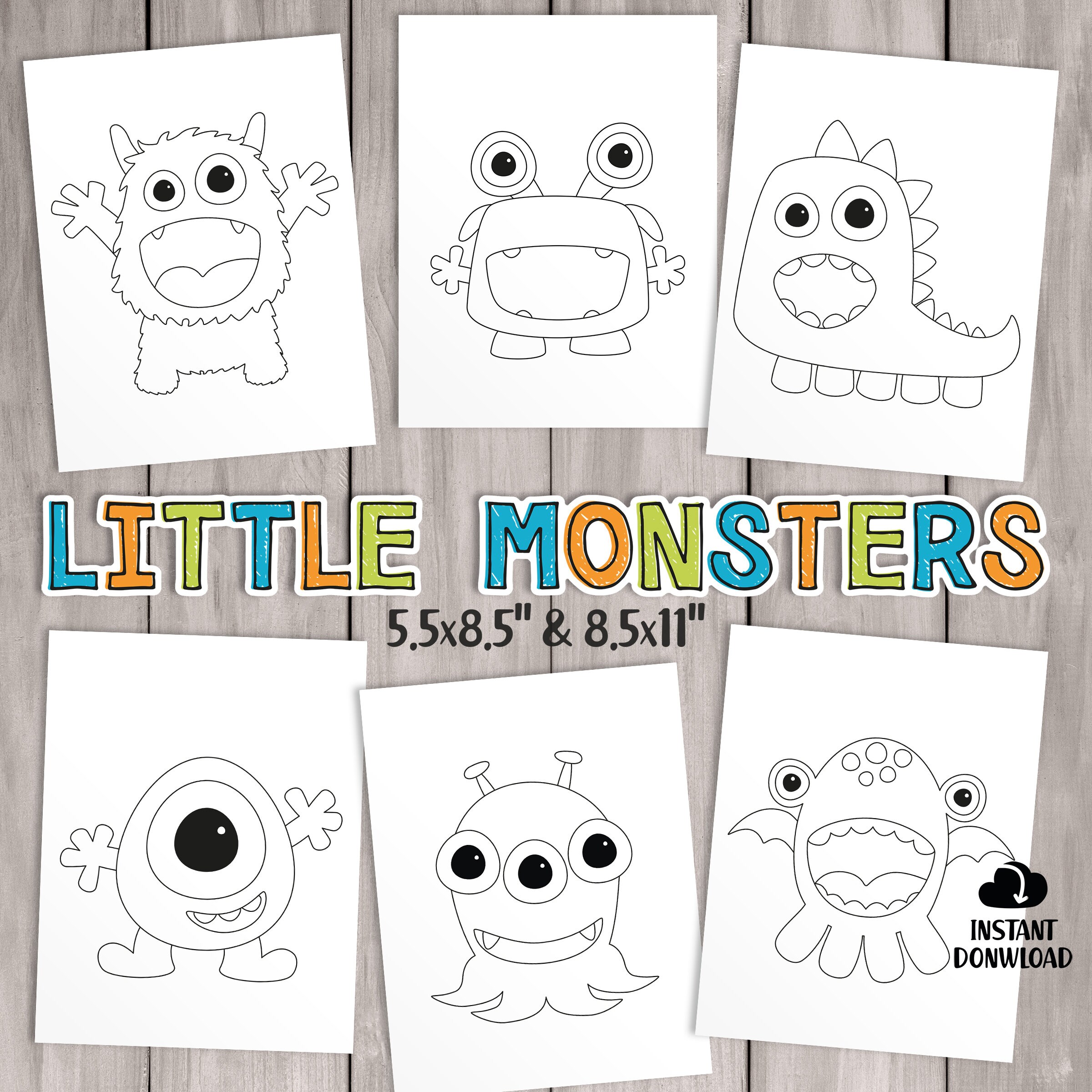 Printable little monster coloring pages kids party games birthday favor coloring sheet baby shower activities school class teacher games