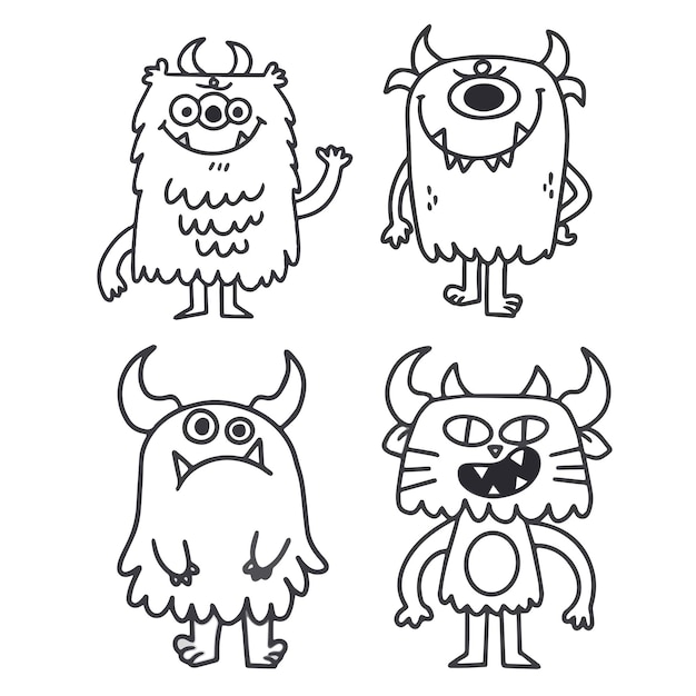 Premium vector adorable little monsters coloring page doodle illustration