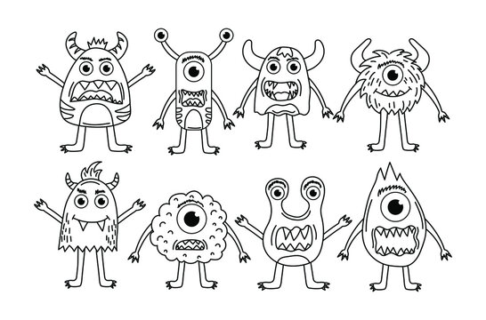 Set of cute monsters for coloring pages vector line aliens collection of modern line illustrations vector