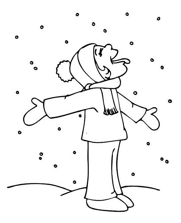 Coloring pages funny kid tasting snow on winter coloring page