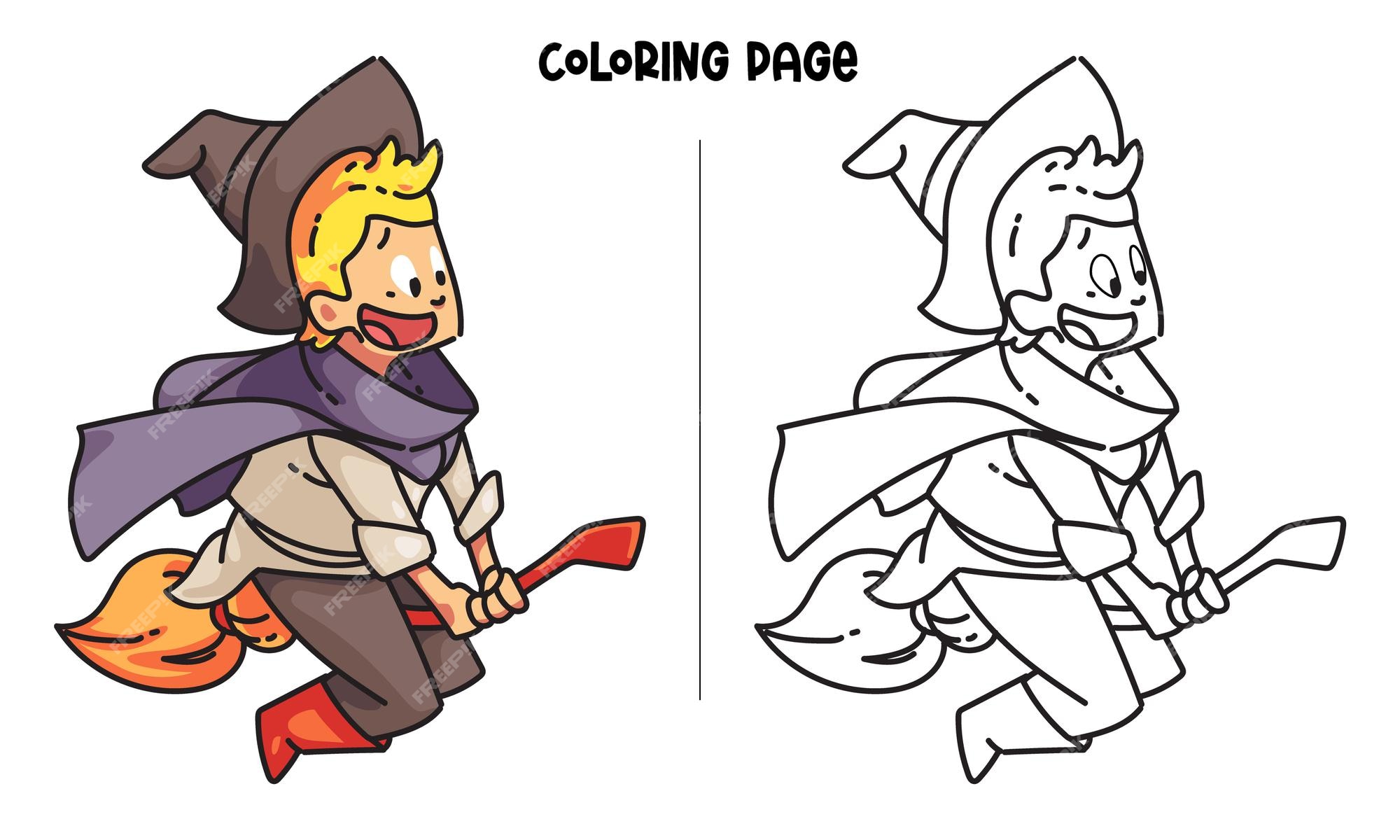 Premium vector happy little wizard riding a broom printable coloring page and coloring book