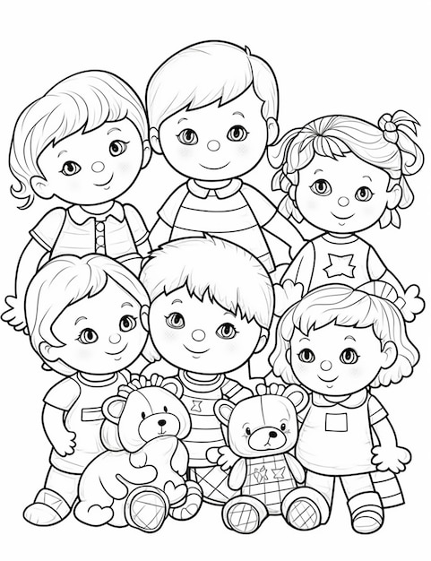 Premium ai image a group of children with teddy bears and teddy bears coloring pages generative ai