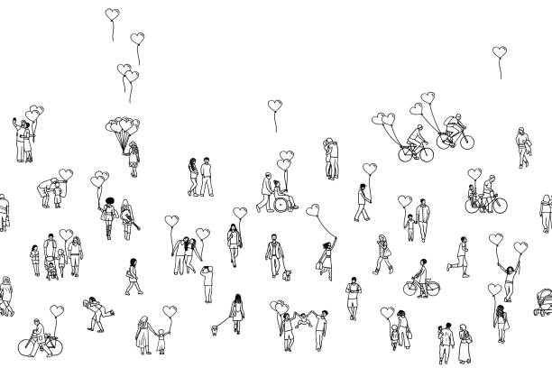 Love is all around illustration of tiny people holding heart shaped balloons stock illustration