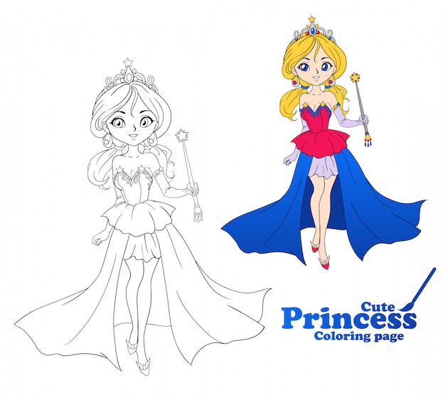 Premium vector cute little princess hand drawn art colorful art for coloring book coloring page illustration