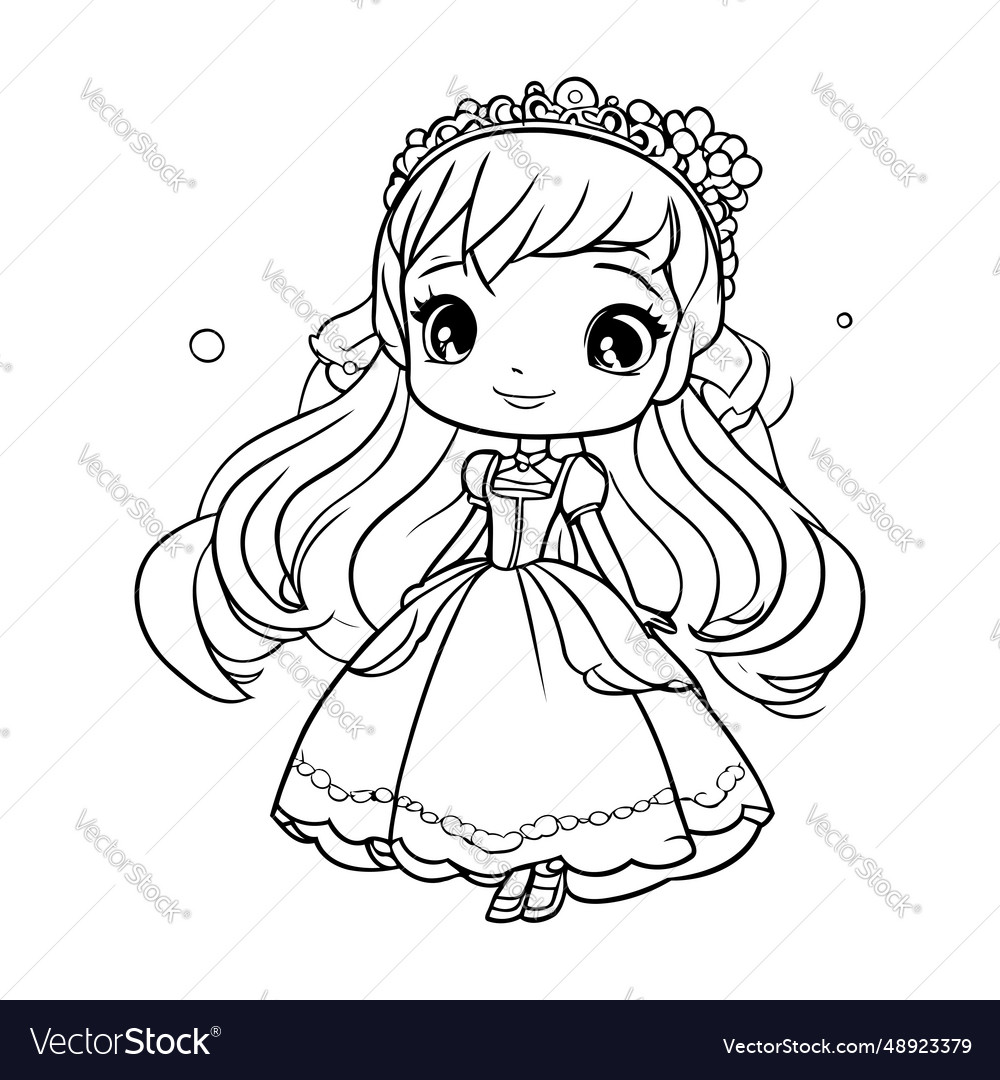 Cute little princess coloring page in cartoon vector image