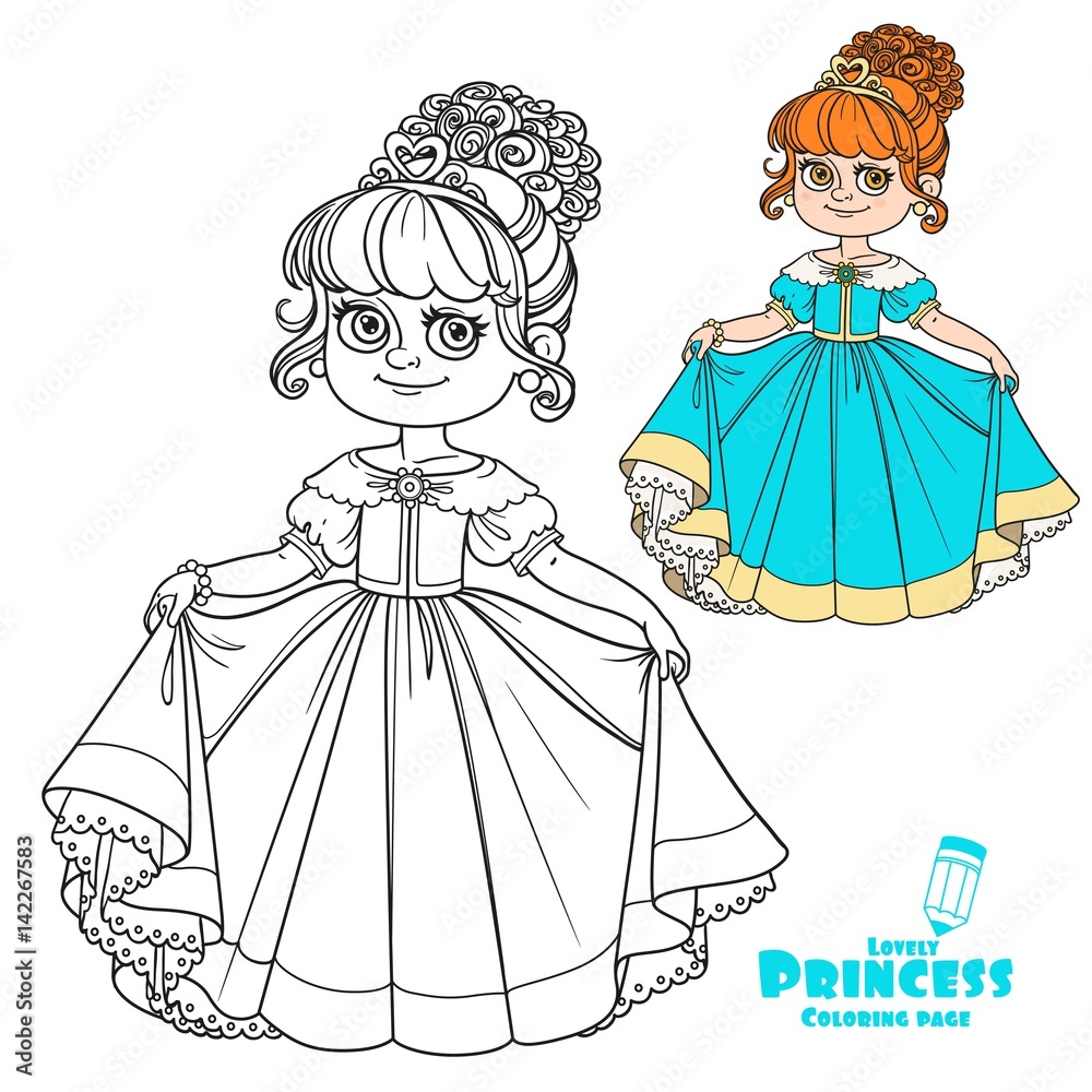 Beautiful little princess curtsies outlined for coloring book isolated on white background stock vector adobe stock