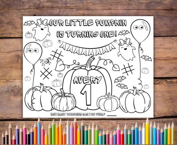 Customizable our little pumpkin printable coloring page halloween party favor pumpkin party activity st birthday placemat nd birthday