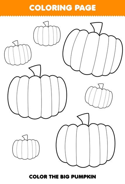 Premium vector education game for children coloring page big or small picture of cute cartoon pumpkin vegetable line art printable worksheet