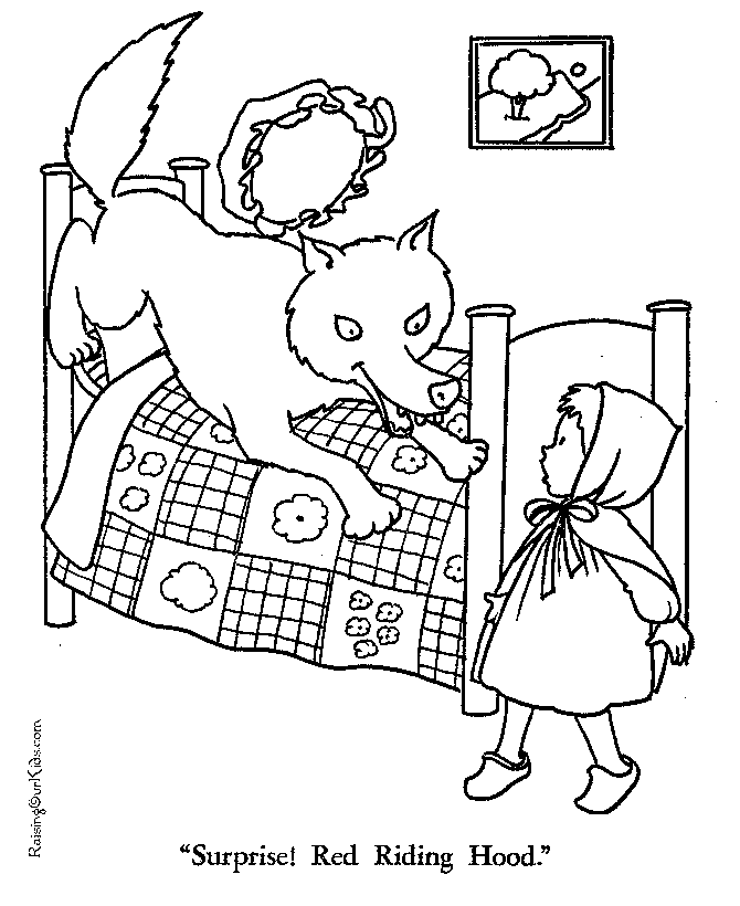 Red riding hood meets wolf coloring page