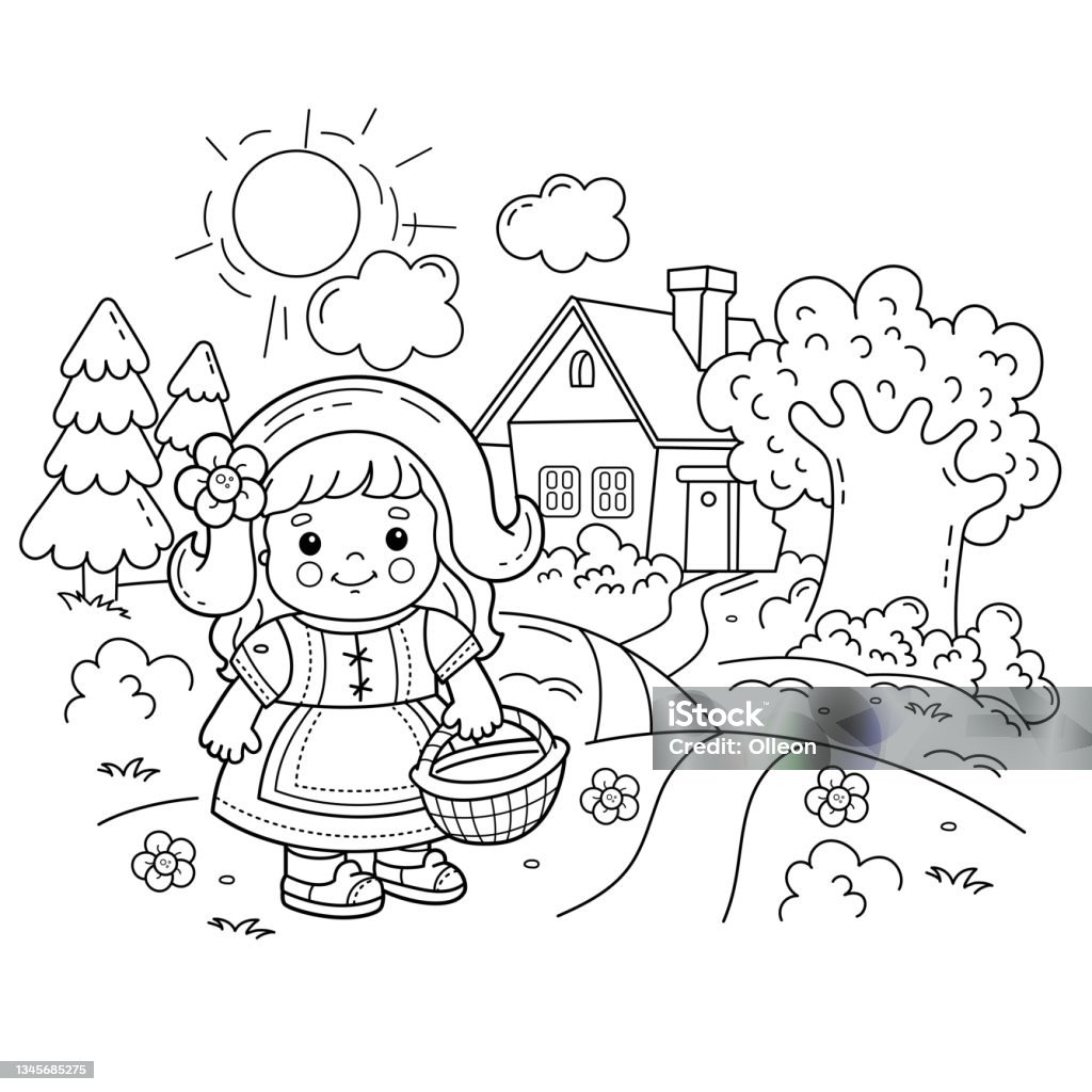 Coloring page outline of cartoon cute girl with basket walking home along the path little red riding hood fairy tale fabulous hero coloring book for kids stock illustration