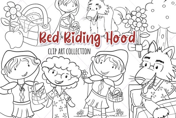 Little red riding hood black and white illustrations big bad wolf digital stamps fairy tale coloring pages