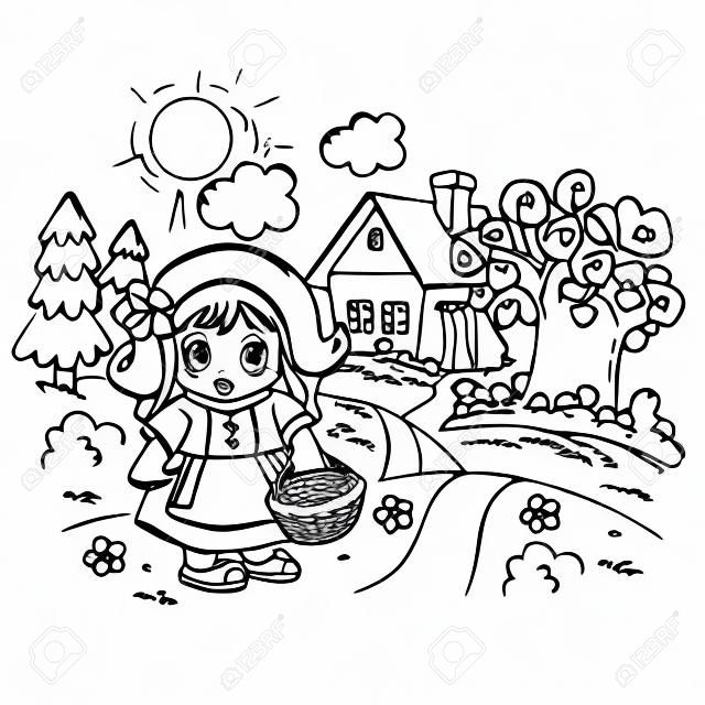 Coloring page outline of cartoon cute girl with basket walking home along the path little red riding hood fairy tale fabulous hero coloring book for kids royalty free svg cliparts vectors and