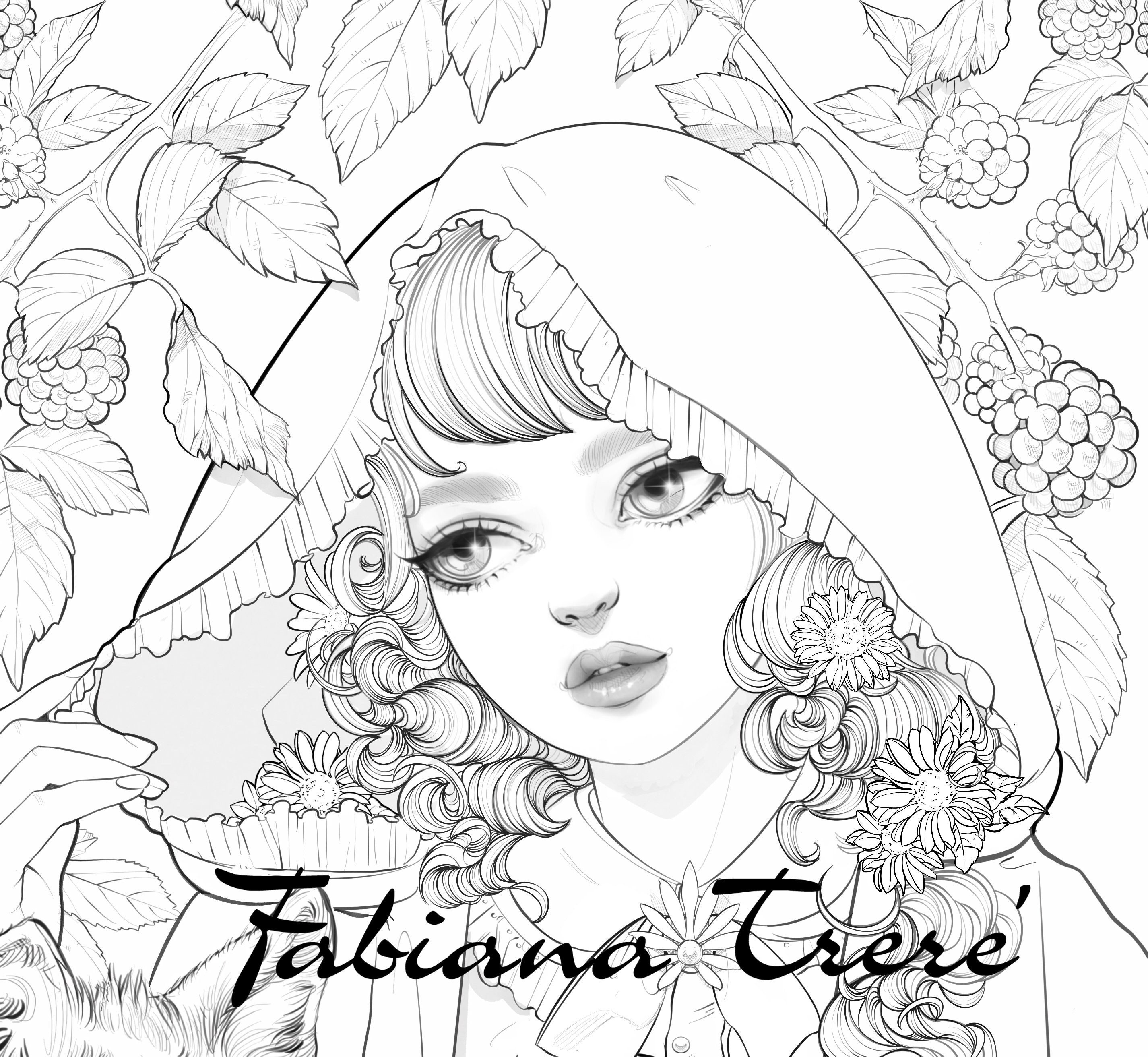 Little red riding hood digital stamp grayscale coloring book instant download wolf little red cap coloring page for adults