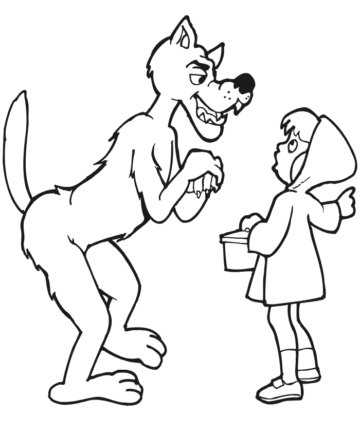 Red riding hood coloring page meeting wolf