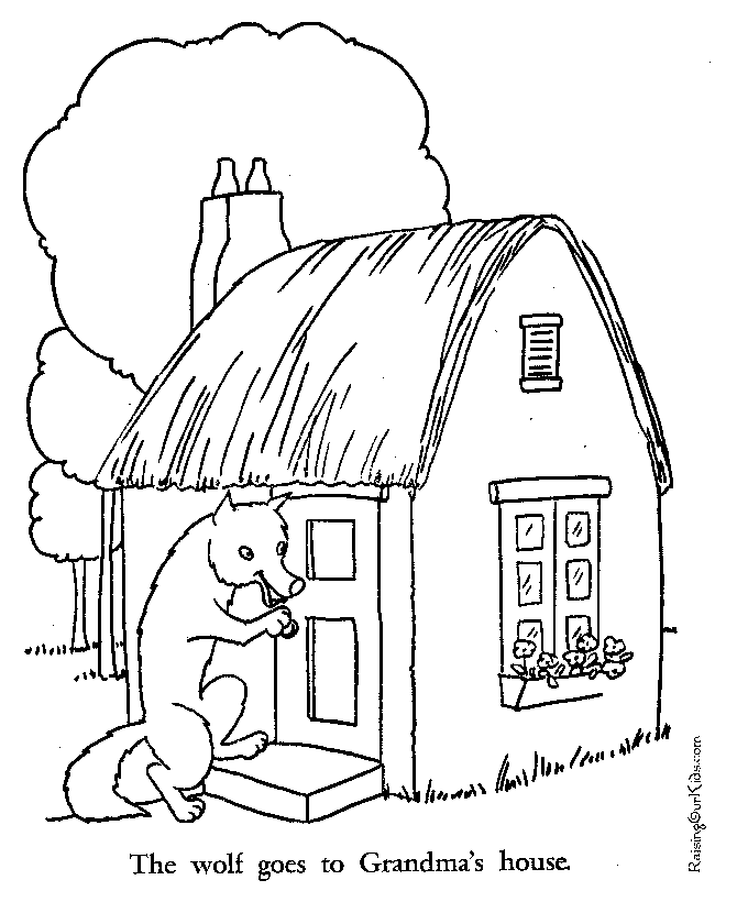 Wolf at grandmas house little red riding hood coloring page
