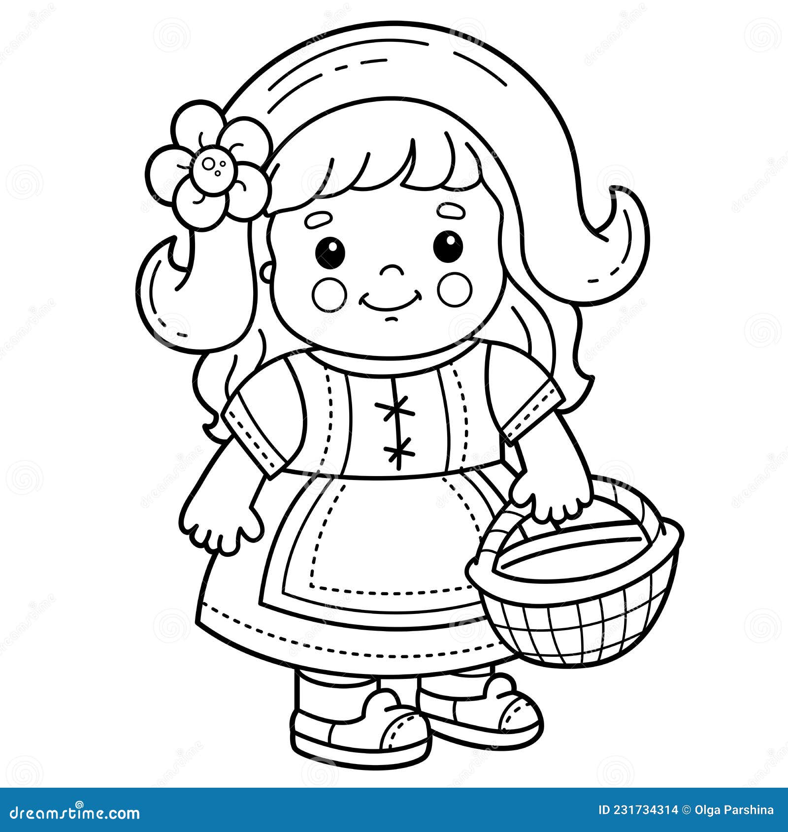 Coloring page outline of cartoon cute girl with basket little red riding hood fairy tale hero stock vector