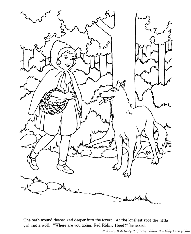 Little red riding hood fairy tale story coloring pages little red riding hood came upon a wolf coloring pages