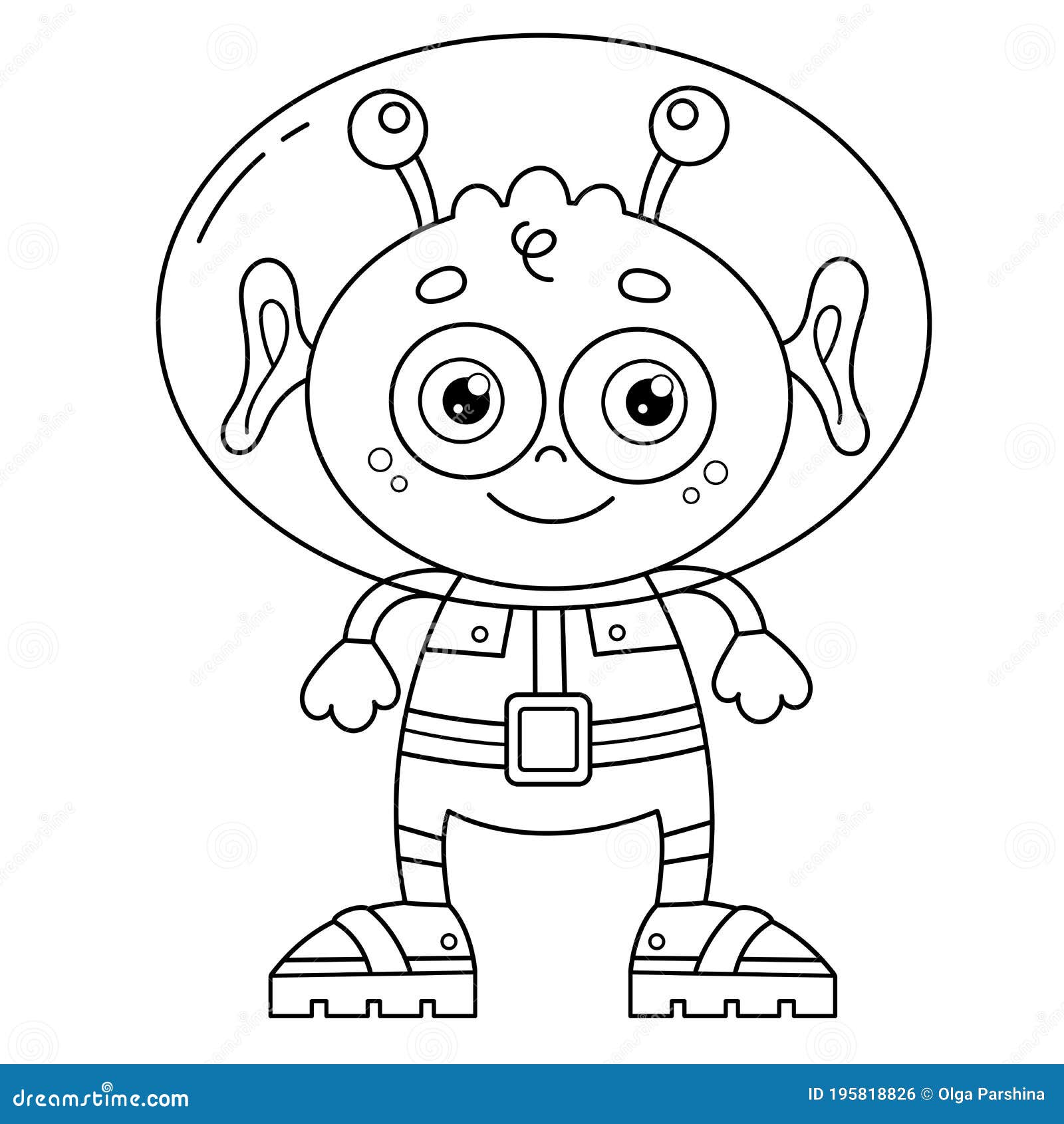 Coloring page outline of a cartoon little alien space stock vector