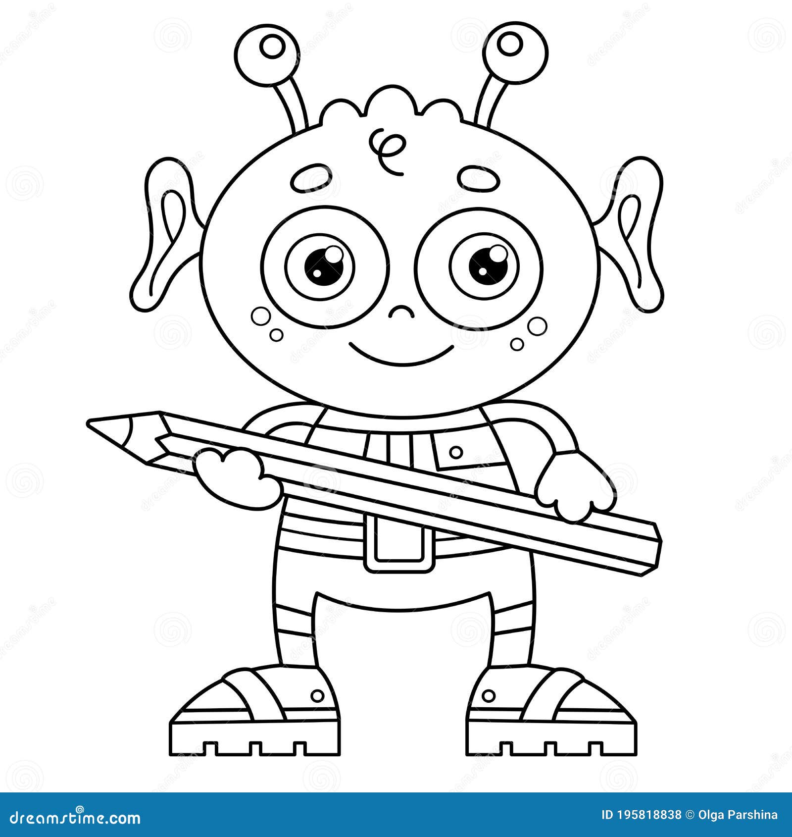 Coloring page outline of a cartoon little alien with pencil space stock vector