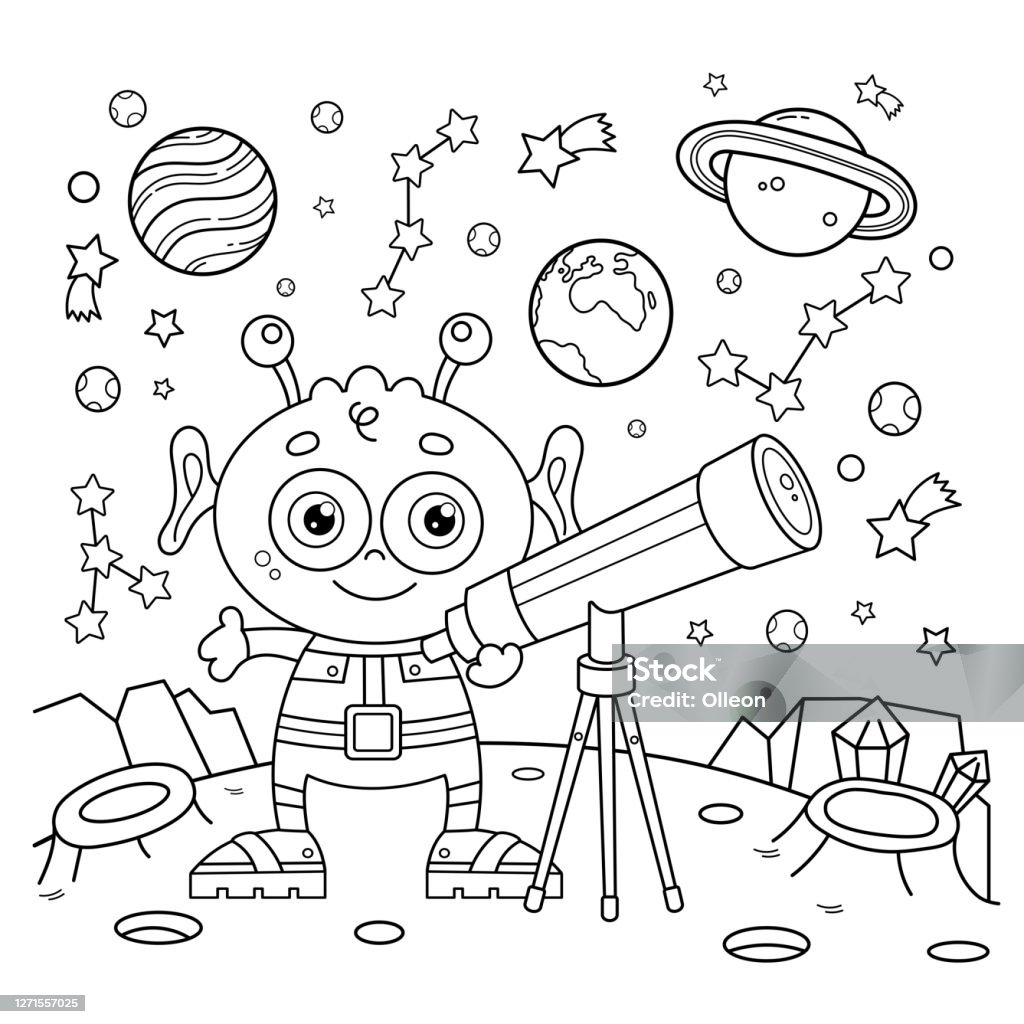 Coloring page outline of a cartoon little alien with telescope space and astronomy coloring book for kids stock illustration