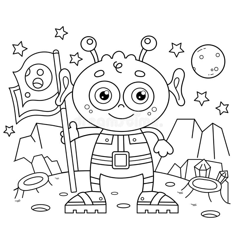 Coloring page outline of a cartoon little alien with flag on planet space stock vector